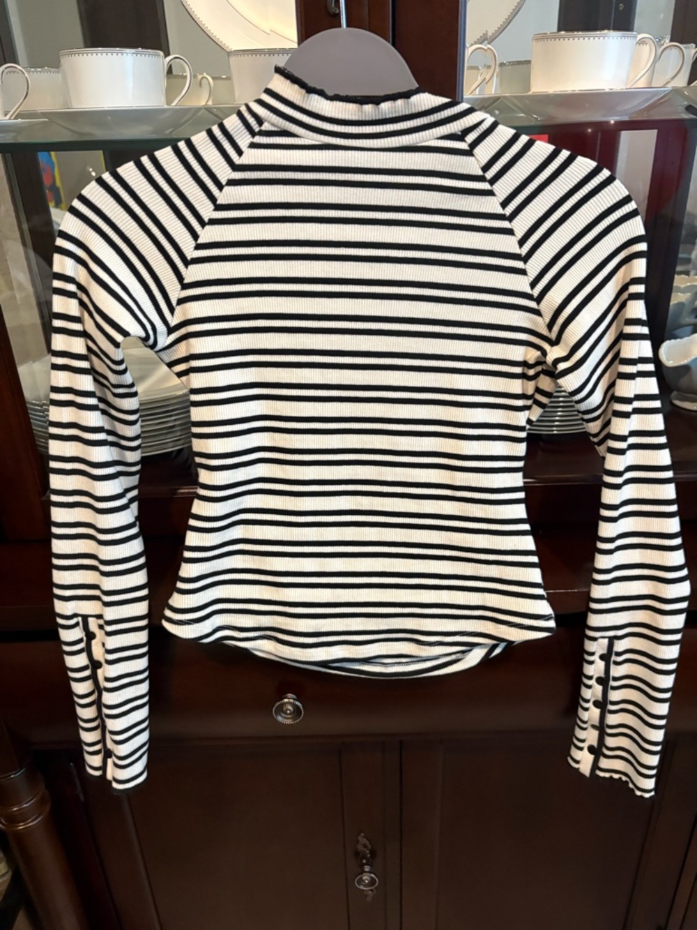 Free People Black & White Striped Ribbed Mock Neck Long Sleeve